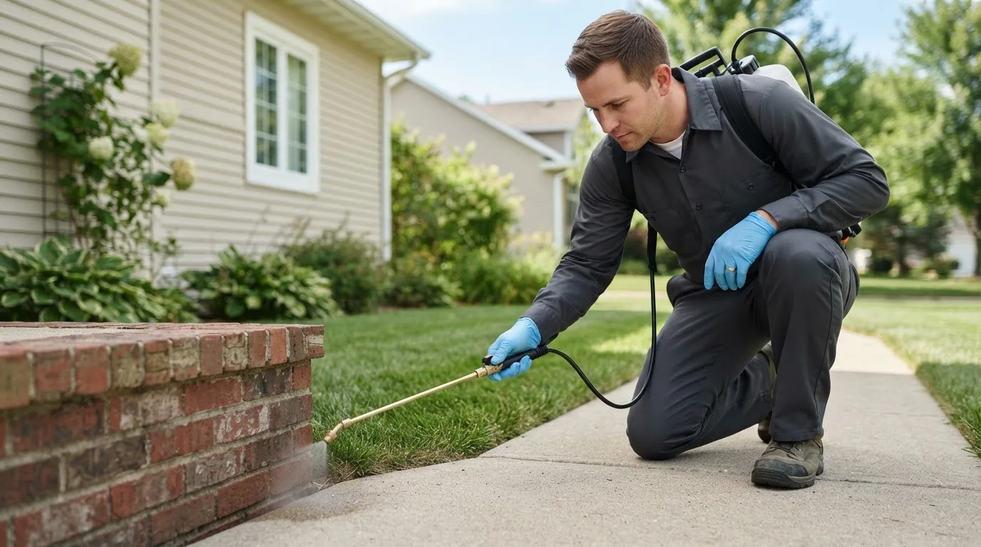 Pest control technician treating a home near San Saba, TX